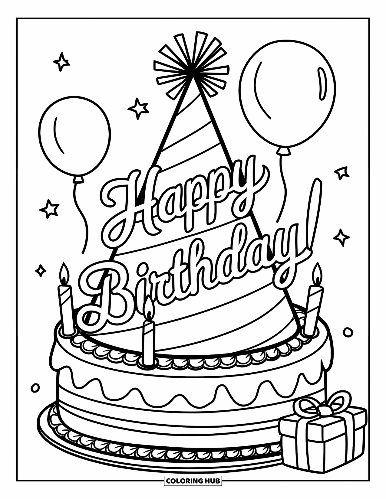 Happy Birthday Coloring Page for Kids: Big party hat on a cake with balloons and gifts nearby