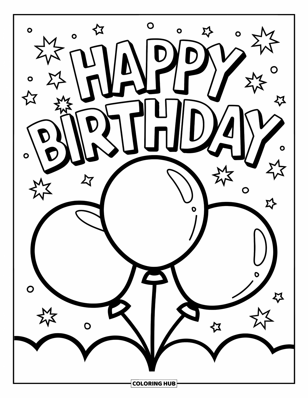 Happy Birthday Coloring Page for Kids: Birthday balloons tied together with festive words floating above