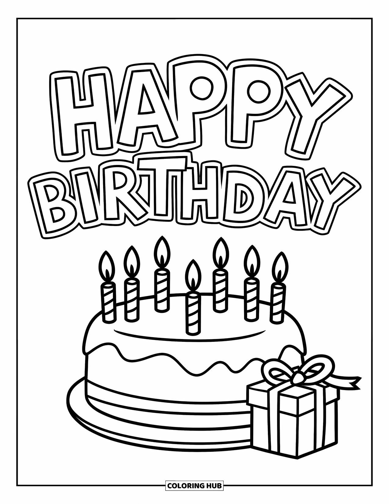 Happy Birthday Coloring Page for Kids: Birthday cake with candles and a tiny gift under a happy greeting