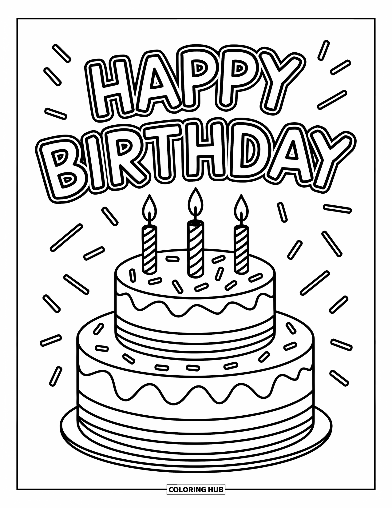 Happy Birthday Coloring Page for Kids: Birthday cake with candles and sprinkles under a big outlined greeting
