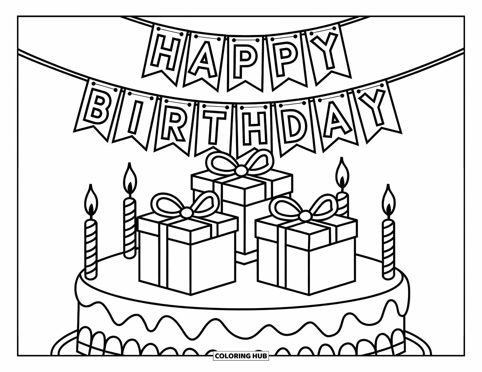 Happy Birthday Coloring Page for Kids: Birthday cake with gift boxes and a "Happy Birthday" banner on top