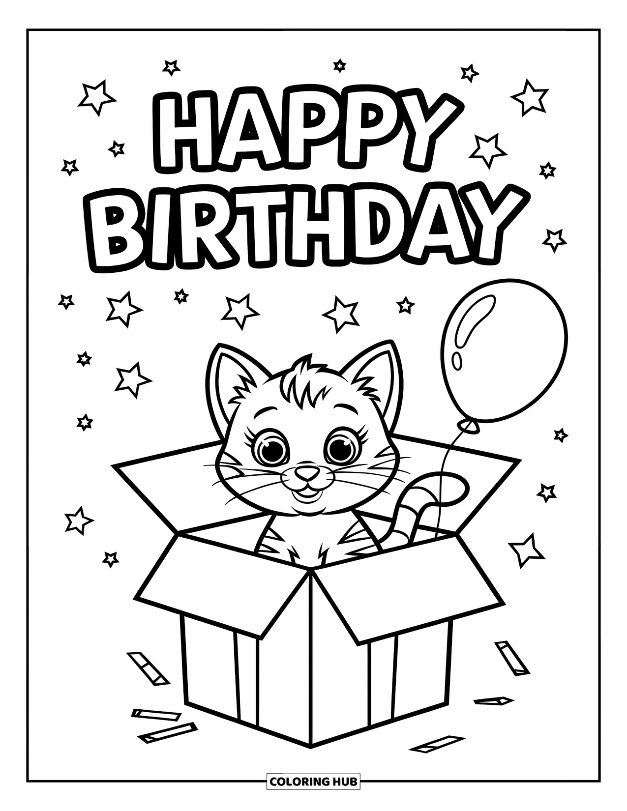Happy Birthday Coloring Page for Kids: Birthday kitten with a balloon sits inside a gift box under a happy banner
