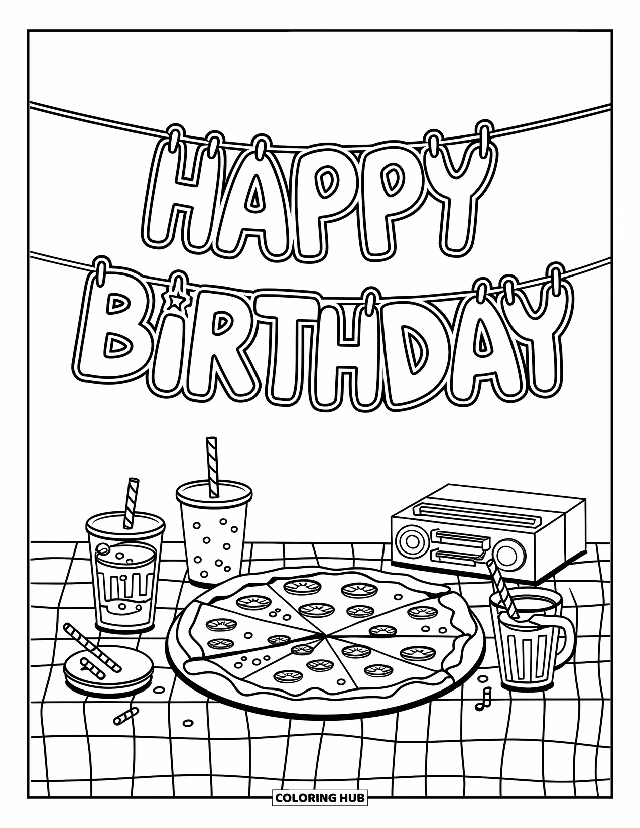 Happy Birthday Coloring Page for Kids: Birthday pizza and drinks on a table with a checkered cloth and festive banner