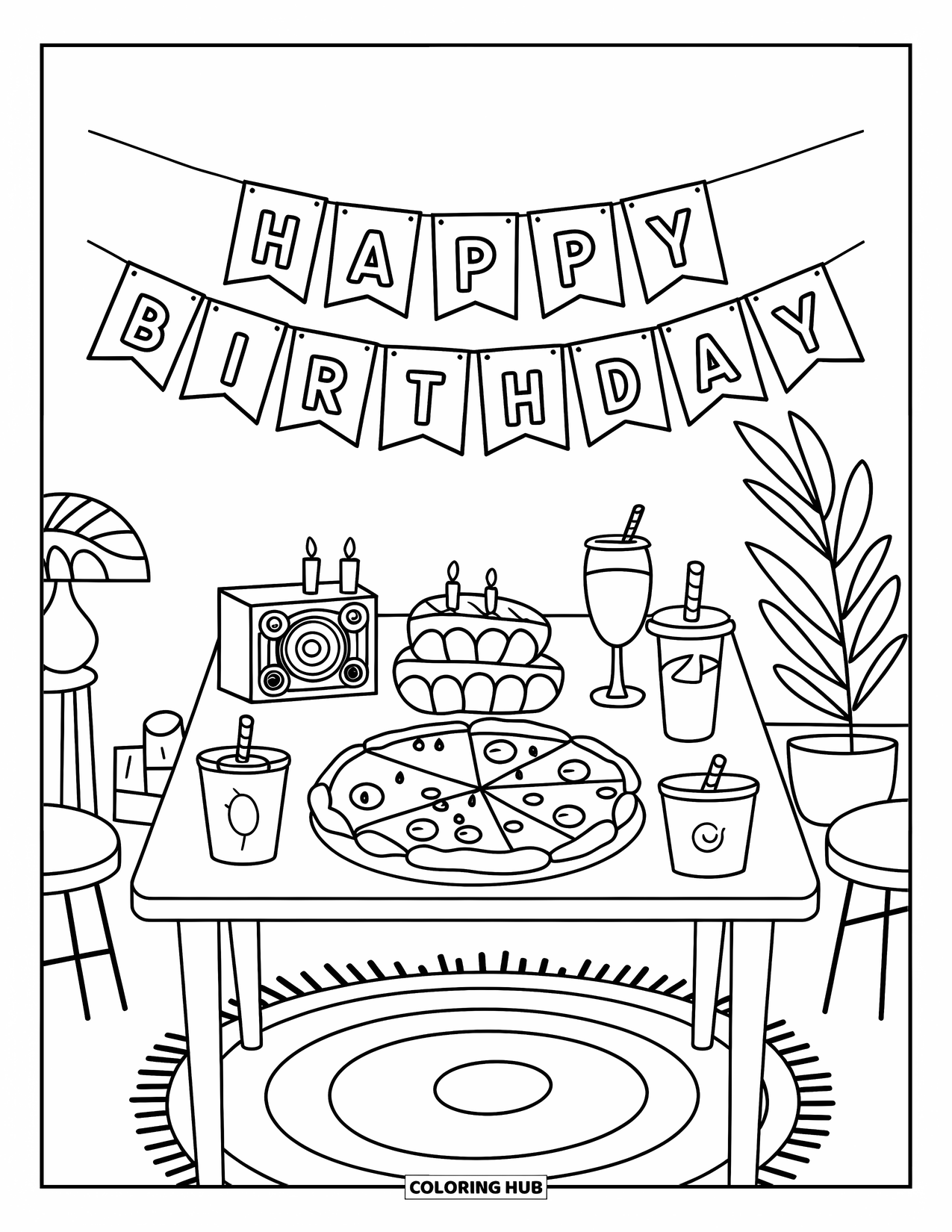Happy Birthday Coloring Page for Kids: Birthday table with cake, drinks, speaker, and a cozy room with party decorations