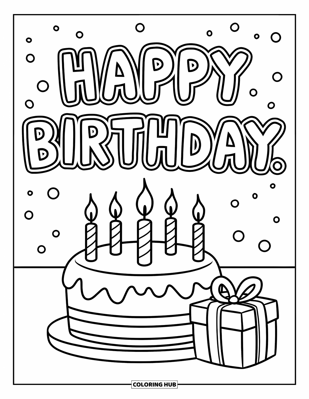 Happy Birthday Coloring Page for Kids: Cake and gift box sit below a big outlined "Happy Birthday" sign