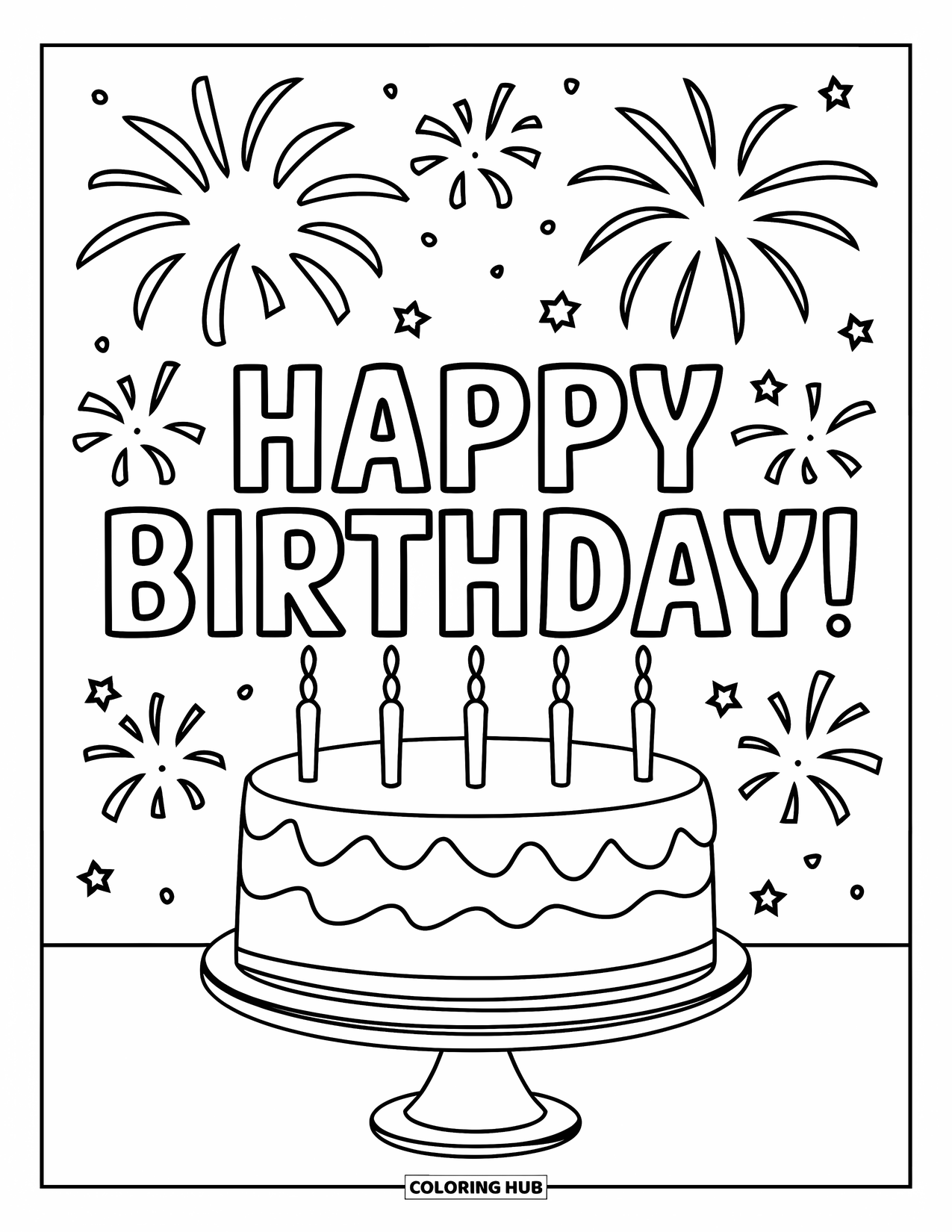 Happy Birthday Coloring Page for Kids: Cake with candles and bright fireworks beneath a big birthday message