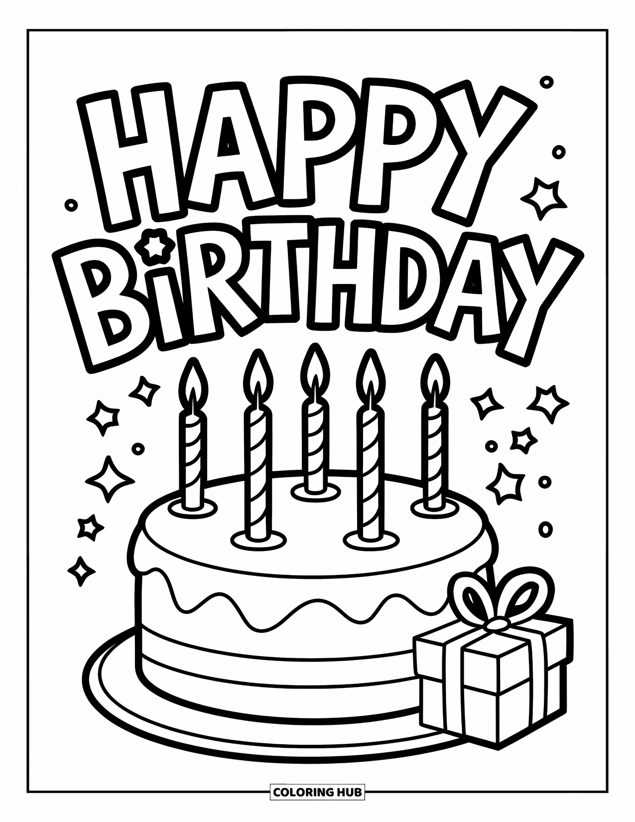 Happy Birthday Coloring Page for Kids: Candle-lit cake with a small gift and a bold birthday message