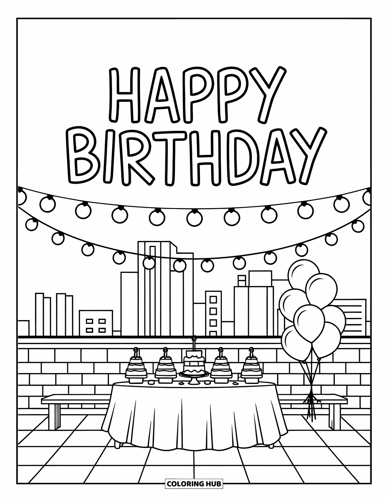 Happy Birthday Coloring Page for Kids: City rooftop party with cakes, balloons, and a cheerful birthday sign