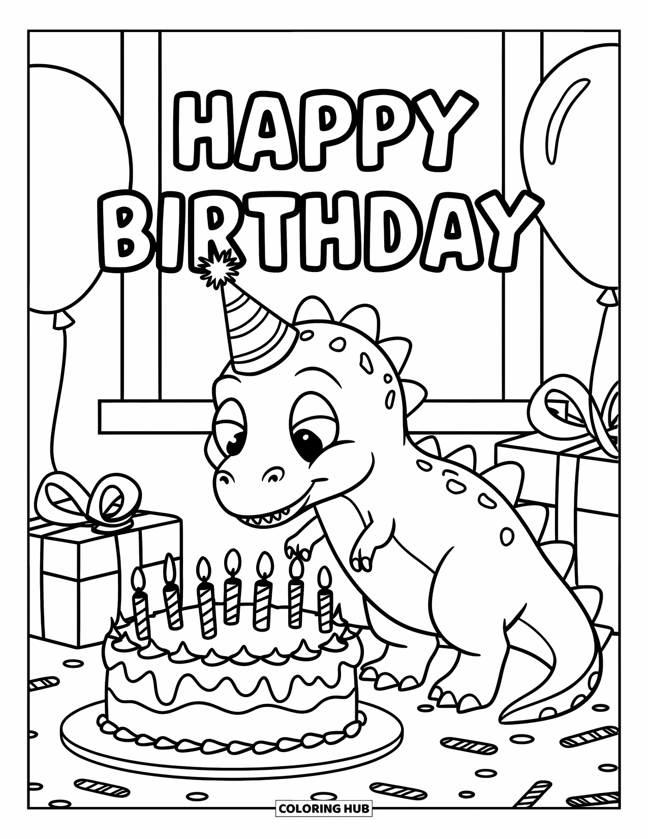 Happy Birthday Coloring Page for Kids: Cute dinosaur at a party blows out candles near presents and a big window