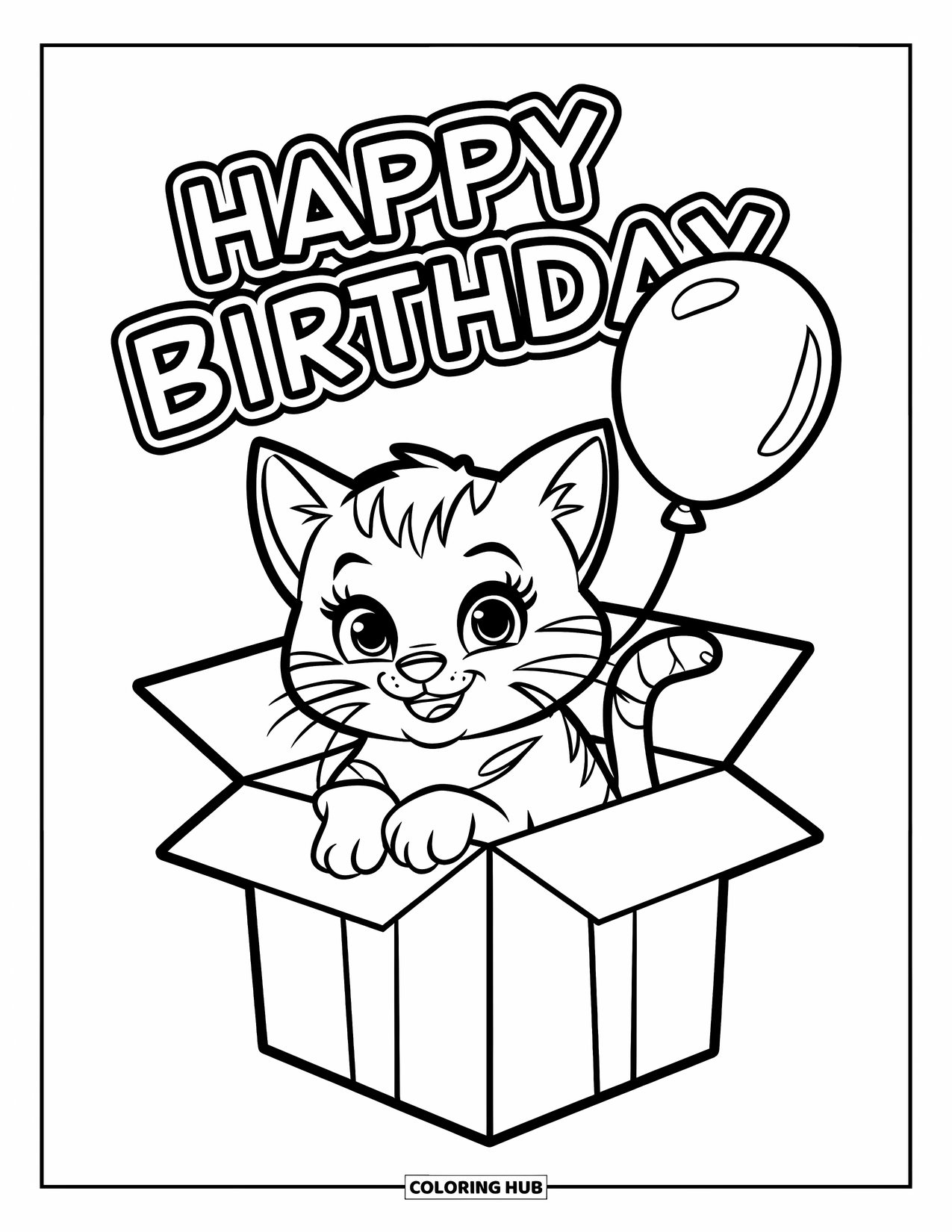 Happy Birthday Coloring Page for Kids: Cute kitten in a gift box with a balloon and birthday message above