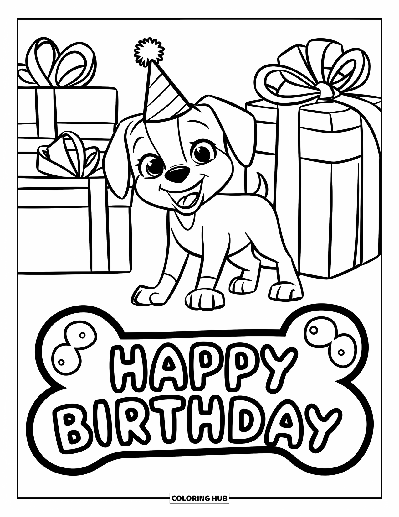 Happy Birthday Coloring Page for Kids: Cute puppy with gifts and a birthday cake shaped like a bone