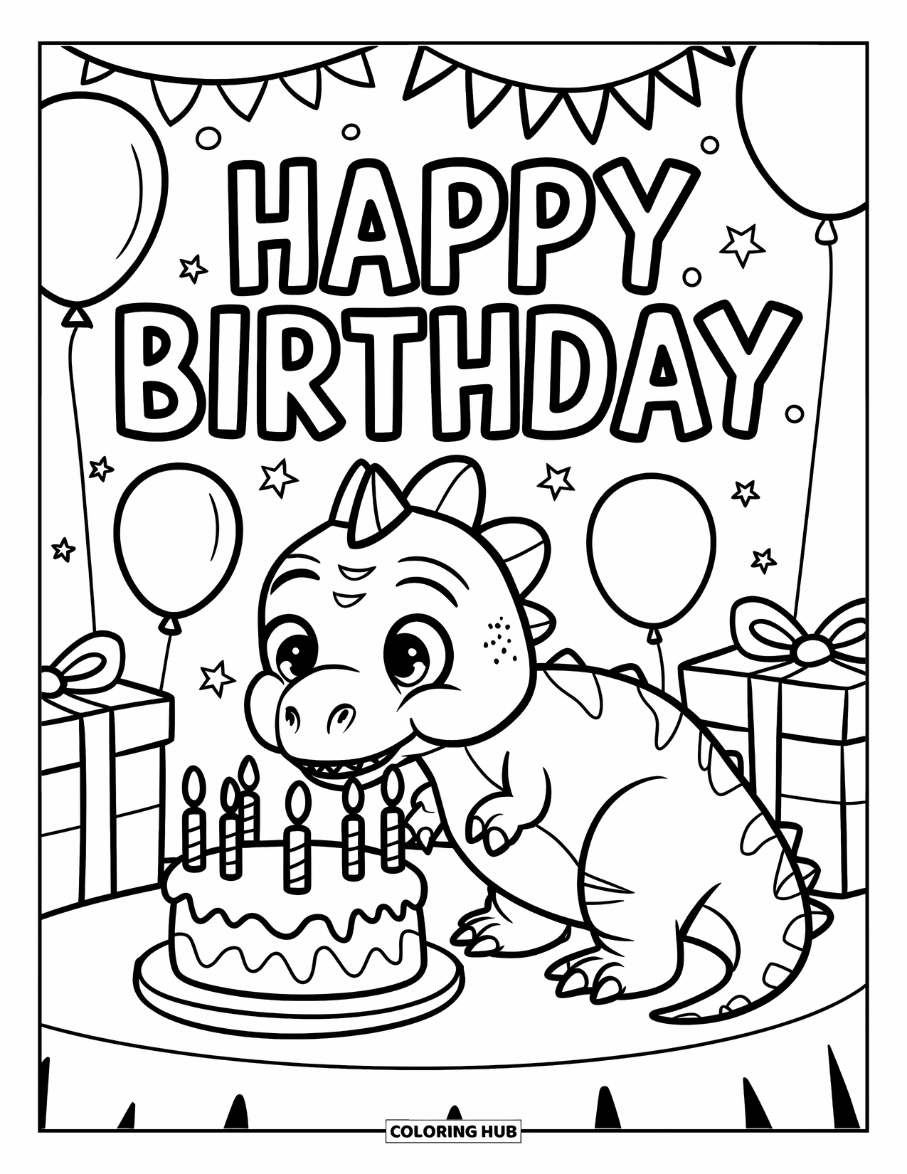 Happy Birthday Coloring Page for Kids: Dinosaur blows out cake candles with balloons, presents, and a birthday banner