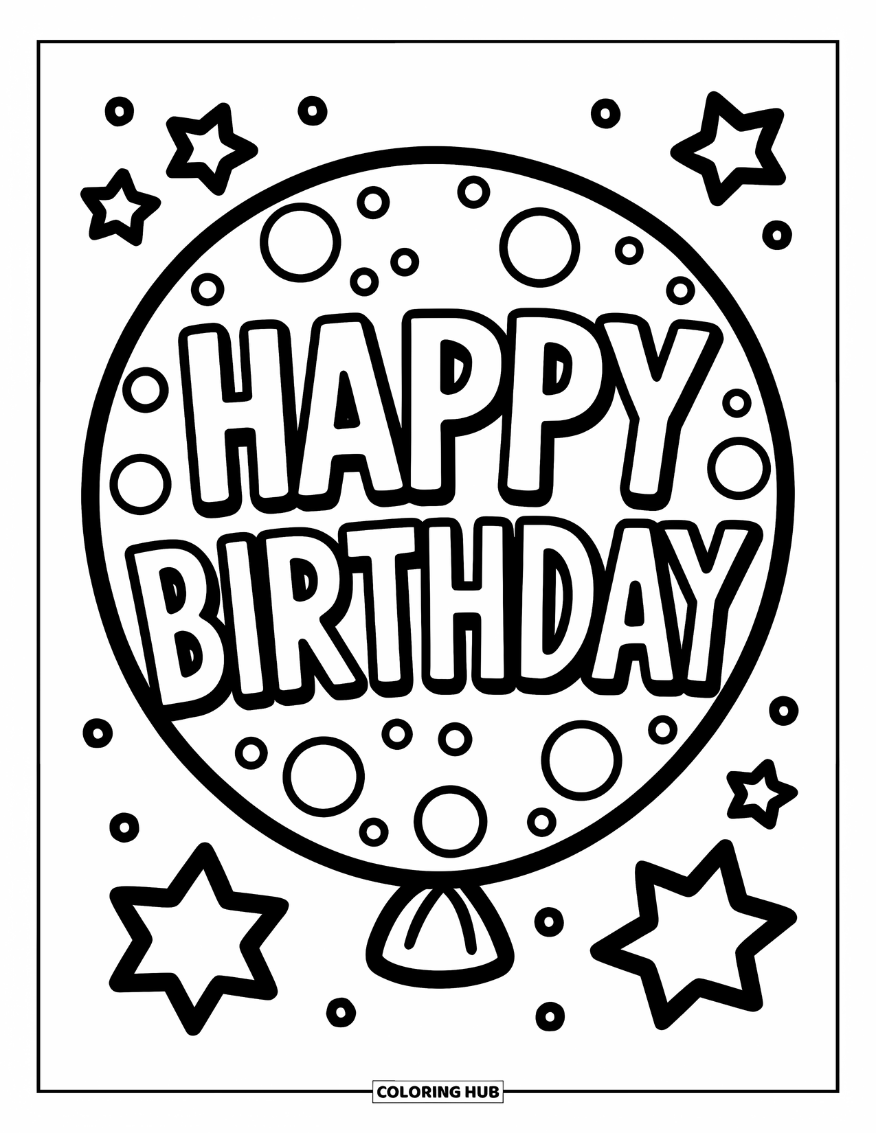 Happy Birthday Coloring Page for Kids: "Happy Birthday" text inside a giant balloon with stars and dots