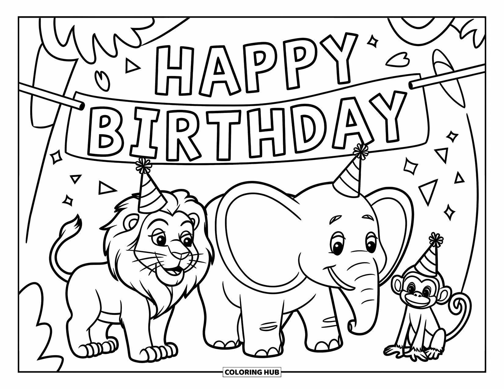 Happy Birthday Coloring Page for Kids: Happy jungle animals in party hats celebrate under a birthday banner