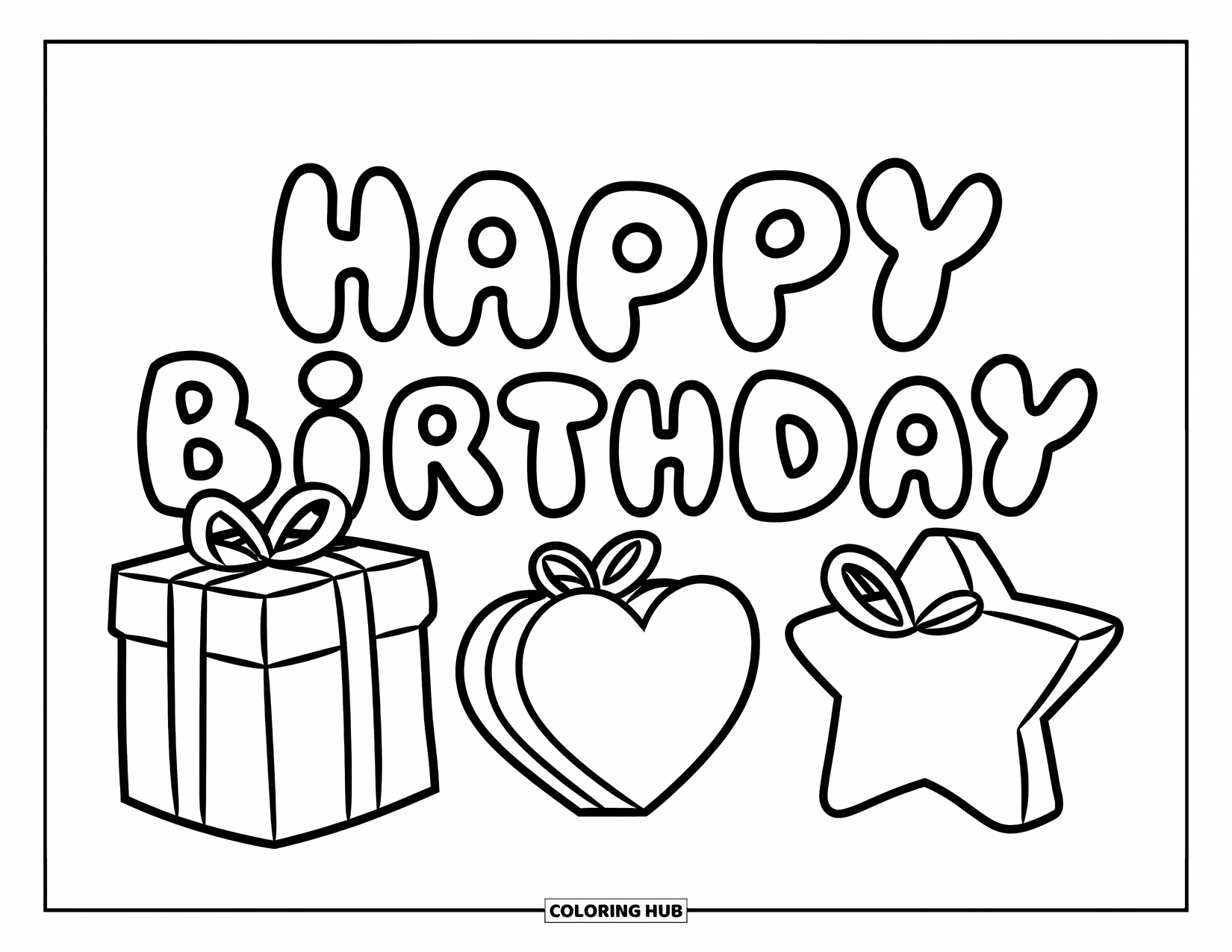 Happy Birthday Coloring Page for Kids: Heart, star, and square gifts below a bubbly "Happy Birthday" message
