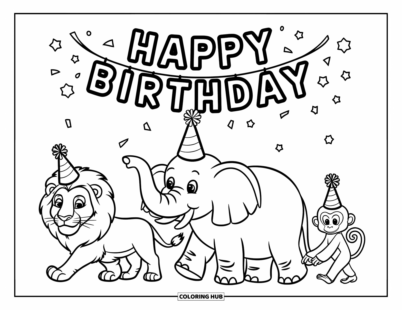 Happy Birthday Coloring Page for Kids: Jungle animals wearing hats march under a birthday banner in a cute parade