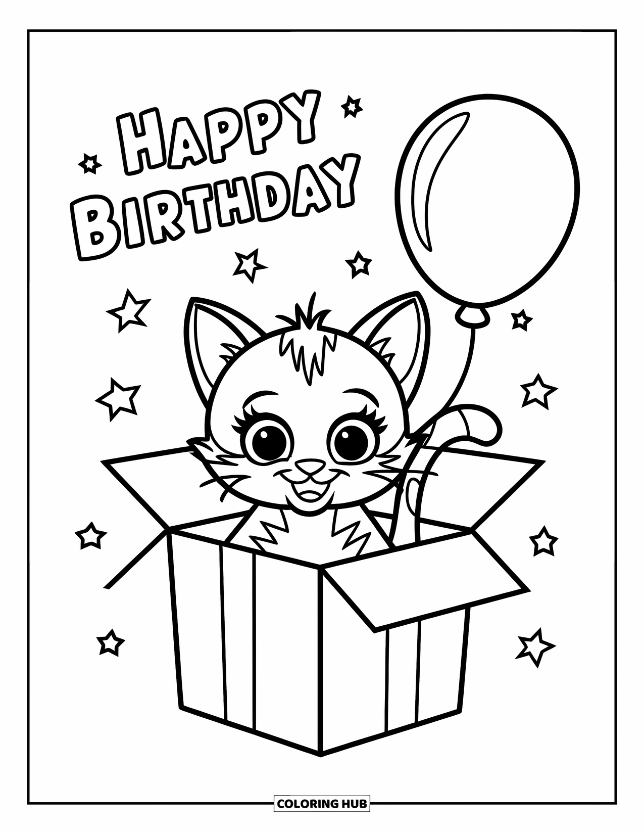 Happy Birthday Coloring Page for Kids: Kitten with a balloon sits in a gift box under a "Happy Birthday" sign