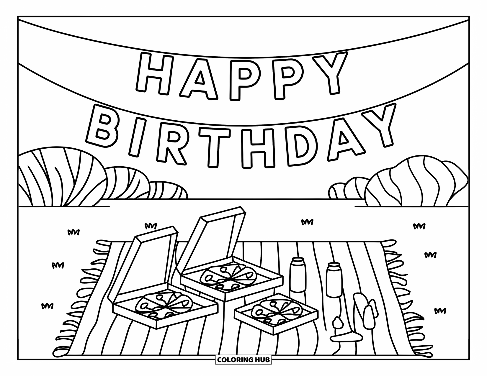 Happy Birthday Coloring Page for Kids: Modern picnic with pizza, soda, and a "Happy Birthday" banner in a grassy field