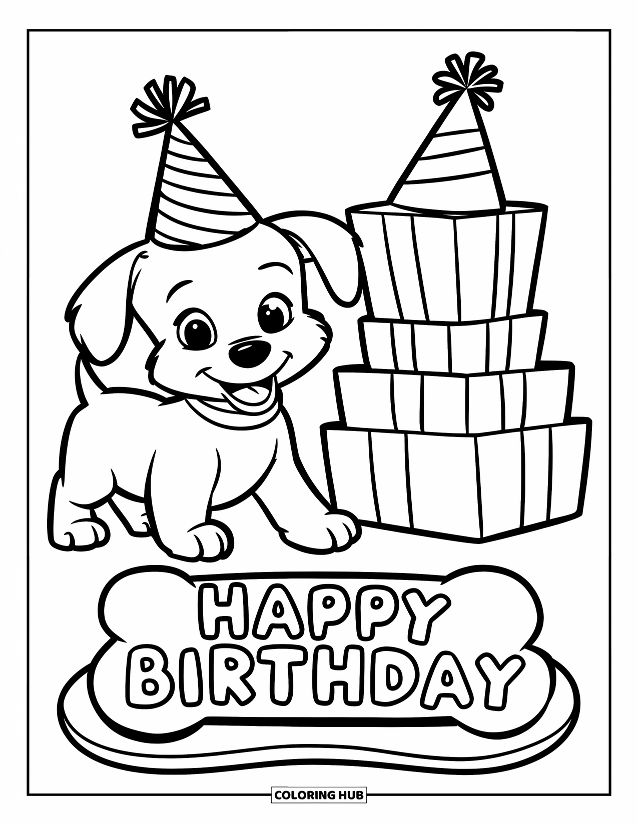 Happy Birthday Coloring Page for Kids: Party puppy with a hat, presents, and a birthday bone cake