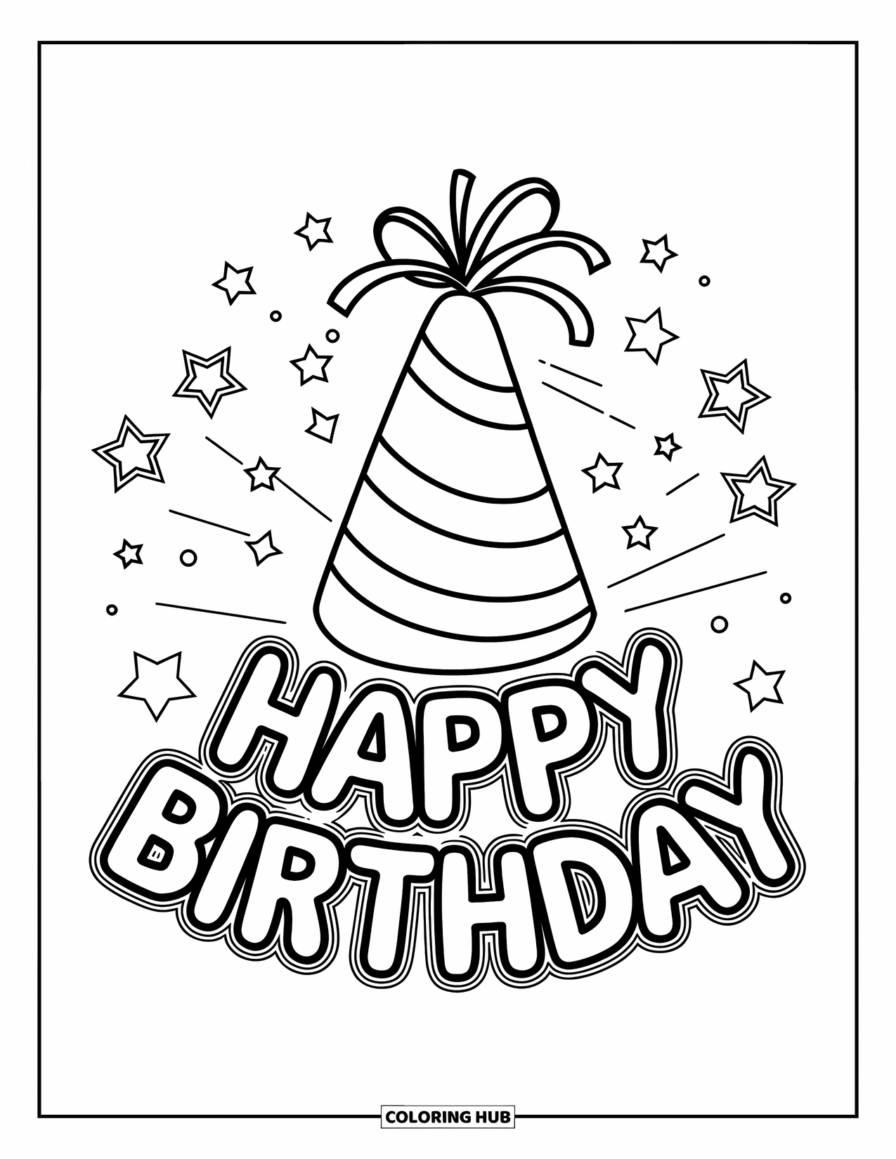Happy Birthday Coloring Page for Kids: Playful hat with stars and stripes under a bold birthday message