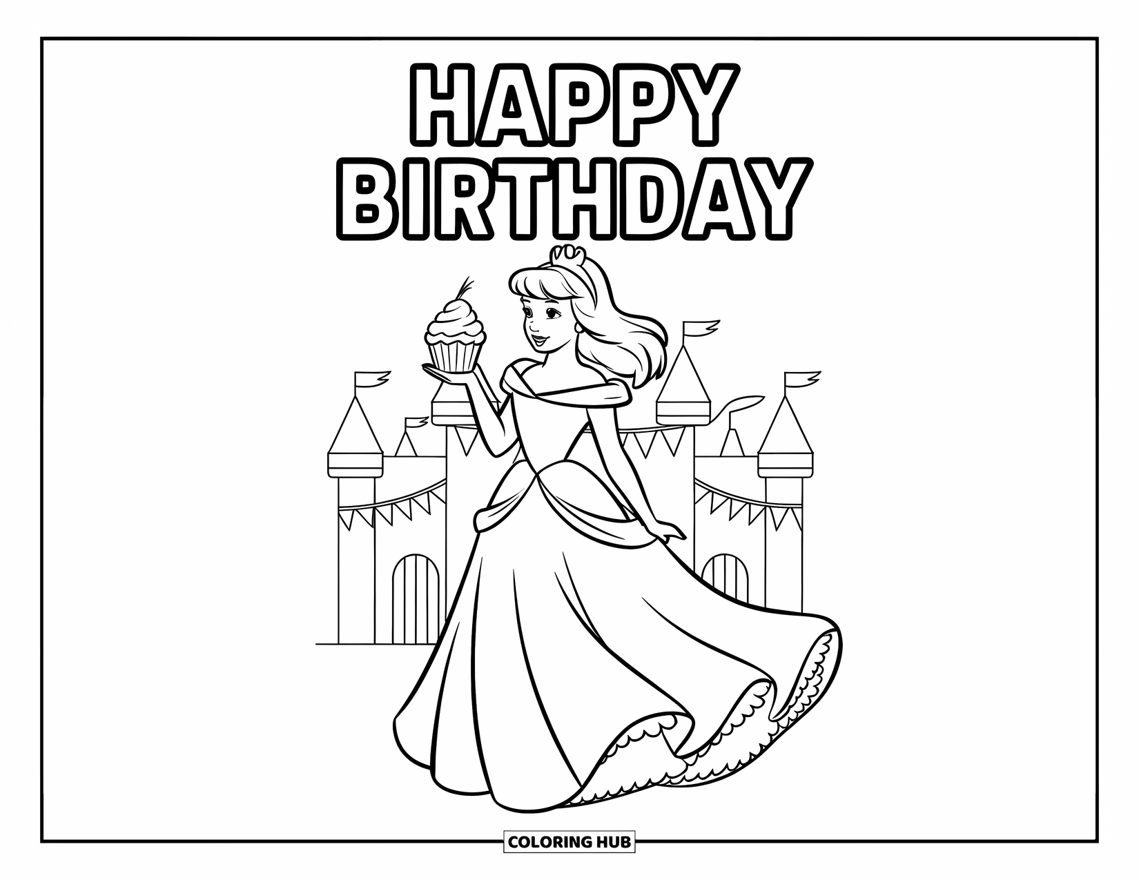 Happy Birthday Coloring Page for Kids: Princess holding a cupcake stands by a castle with birthday bunting and a banner