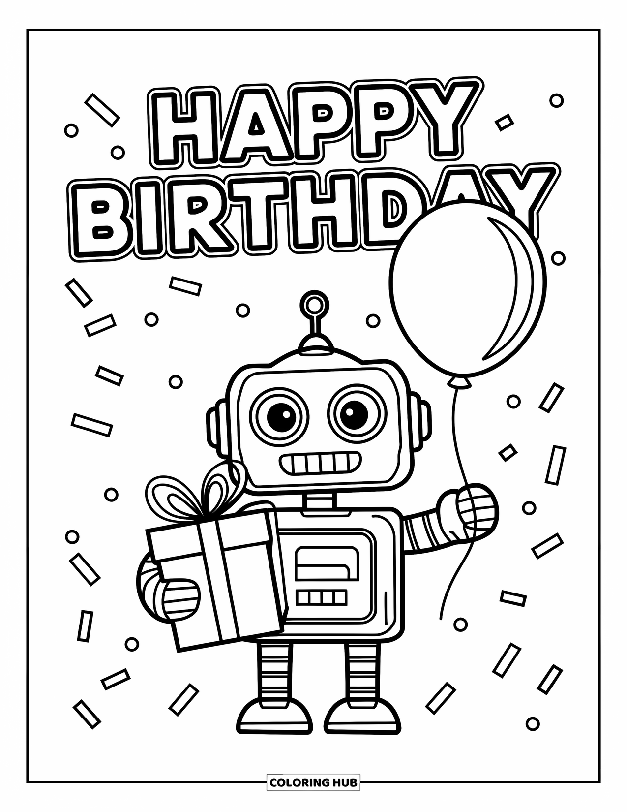 Happy Birthday Coloring Page for Kids: Robot with a gift and balloon stands under a festive birthday greeting