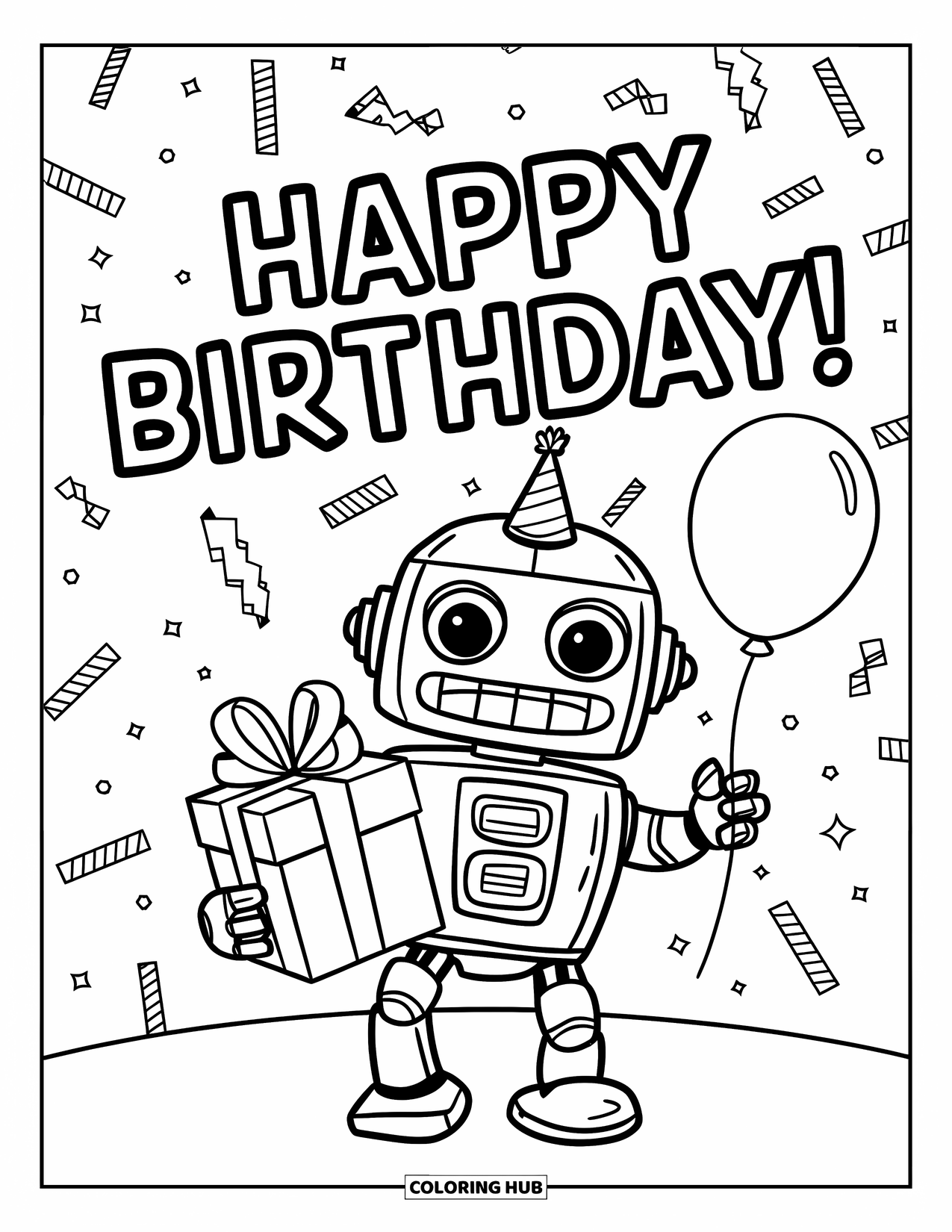 Happy Birthday Coloring Page for Kids: Robot with confetti, a balloon, and a birthday gift under a cheerful banner