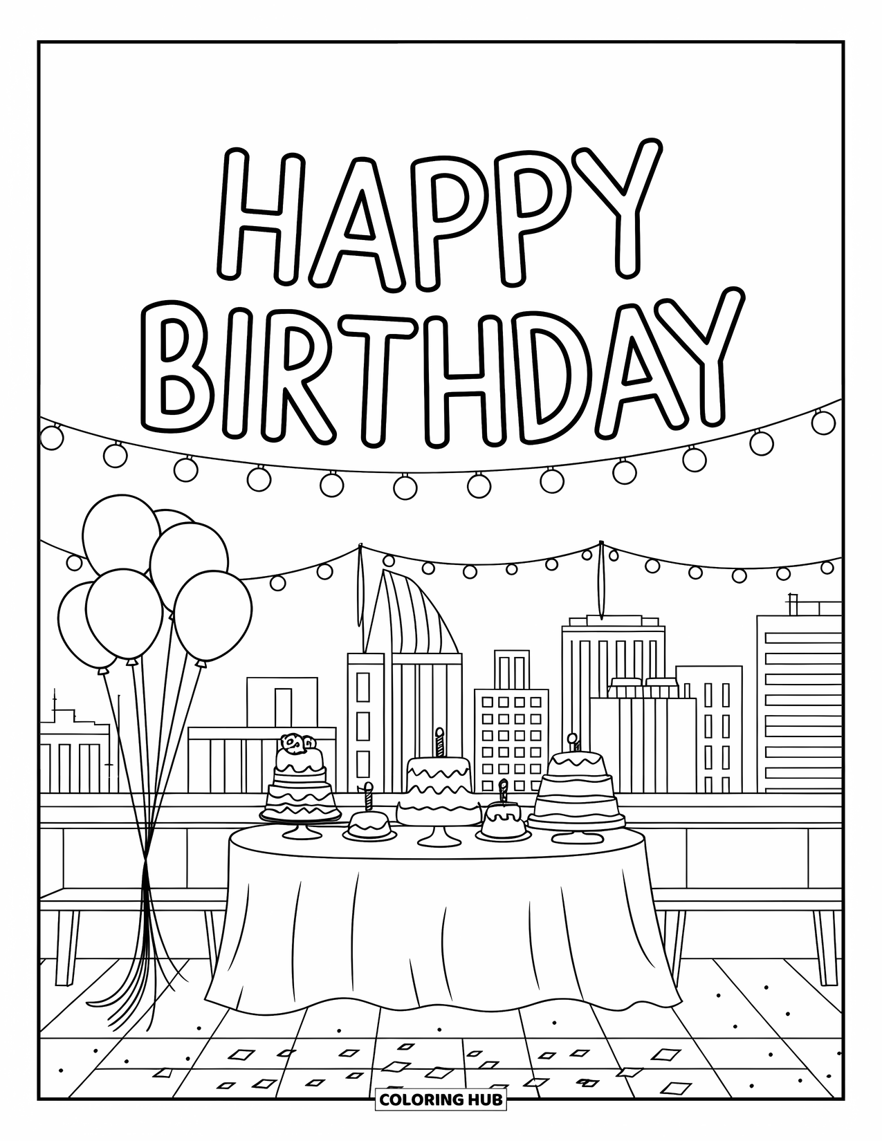 Happy Birthday Coloring Page for Kids: Rooftop party with fairy lights, cakes, balloons, and a "Happy Birthday" banner