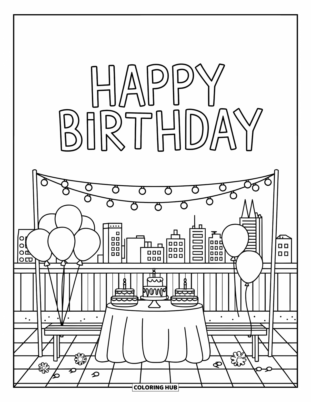 Happy Birthday Coloring Page for Kids: Skyline rooftop scene with cakes, balloons, and a big "Happy Birthday" banner