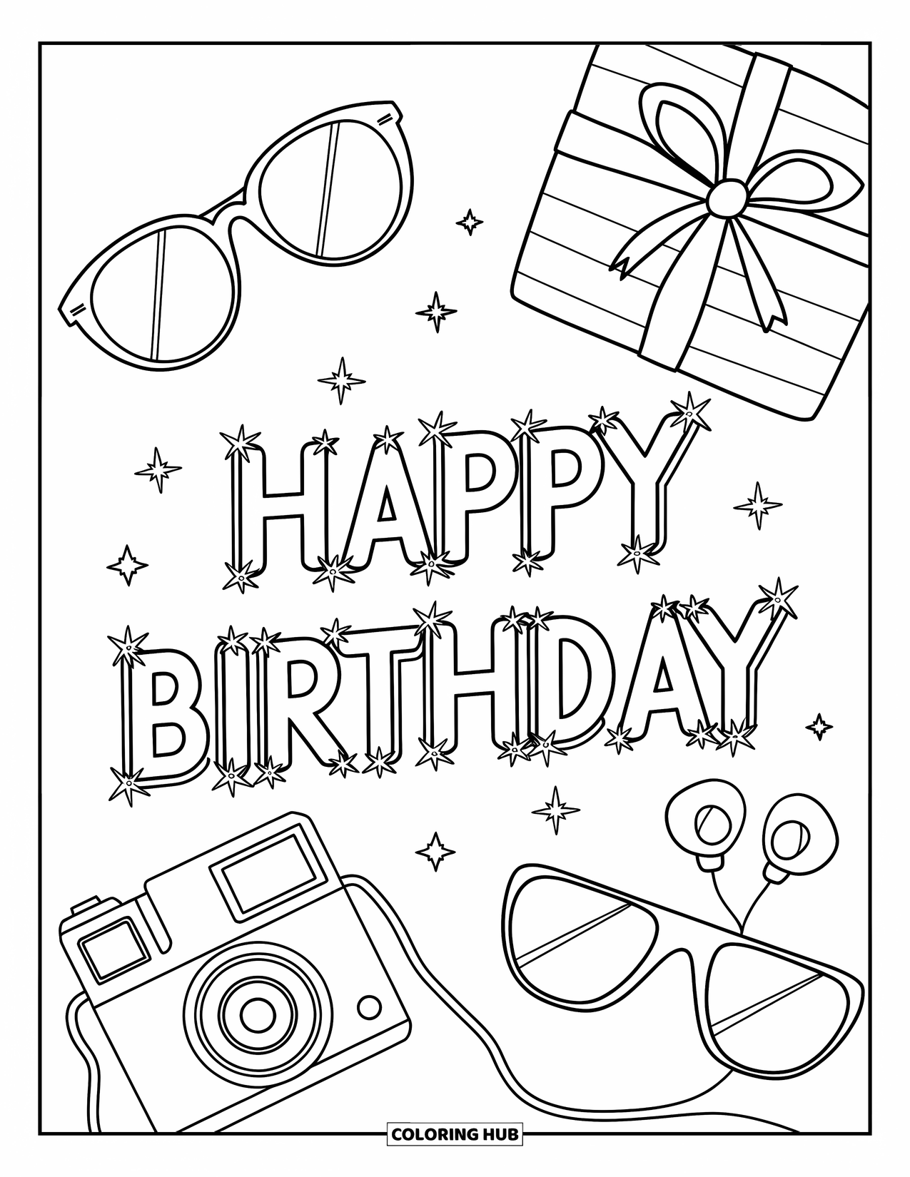 Happy Birthday Coloring Page for Kids: Stylish birthday design with outlined text, camera, sunglasses, gift, and earbuds
