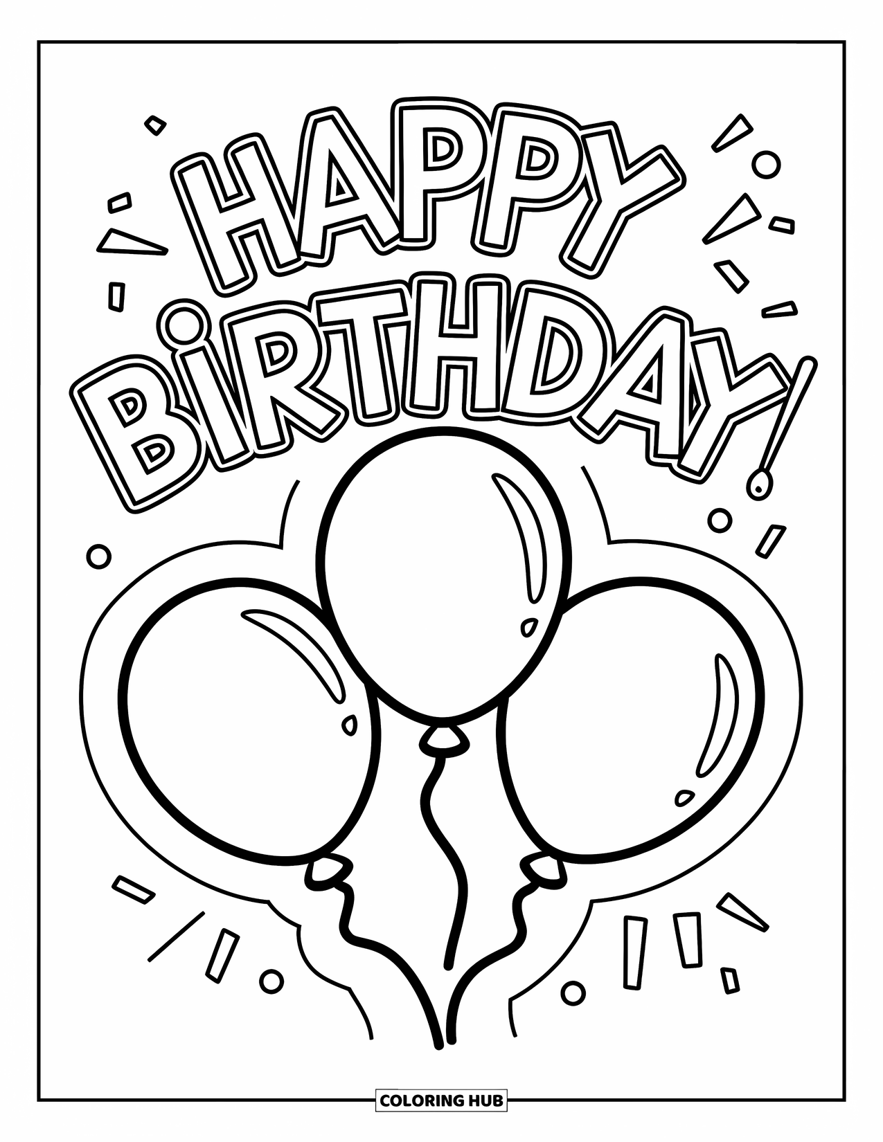 Happy Birthday Coloring Page for Kids: Three tied balloons float with "Happy Birthday" text above them