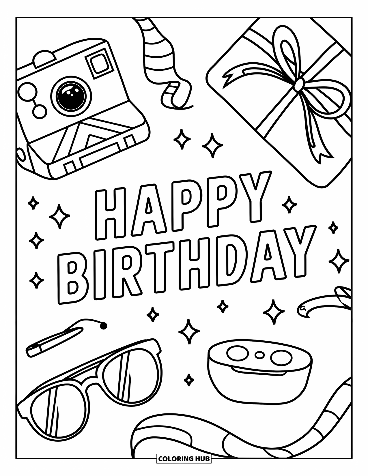 Happy Birthday Coloring Page for Kids: Trendy birthday scene with sparkly text, camera, gift, sunglasses, and earbuds