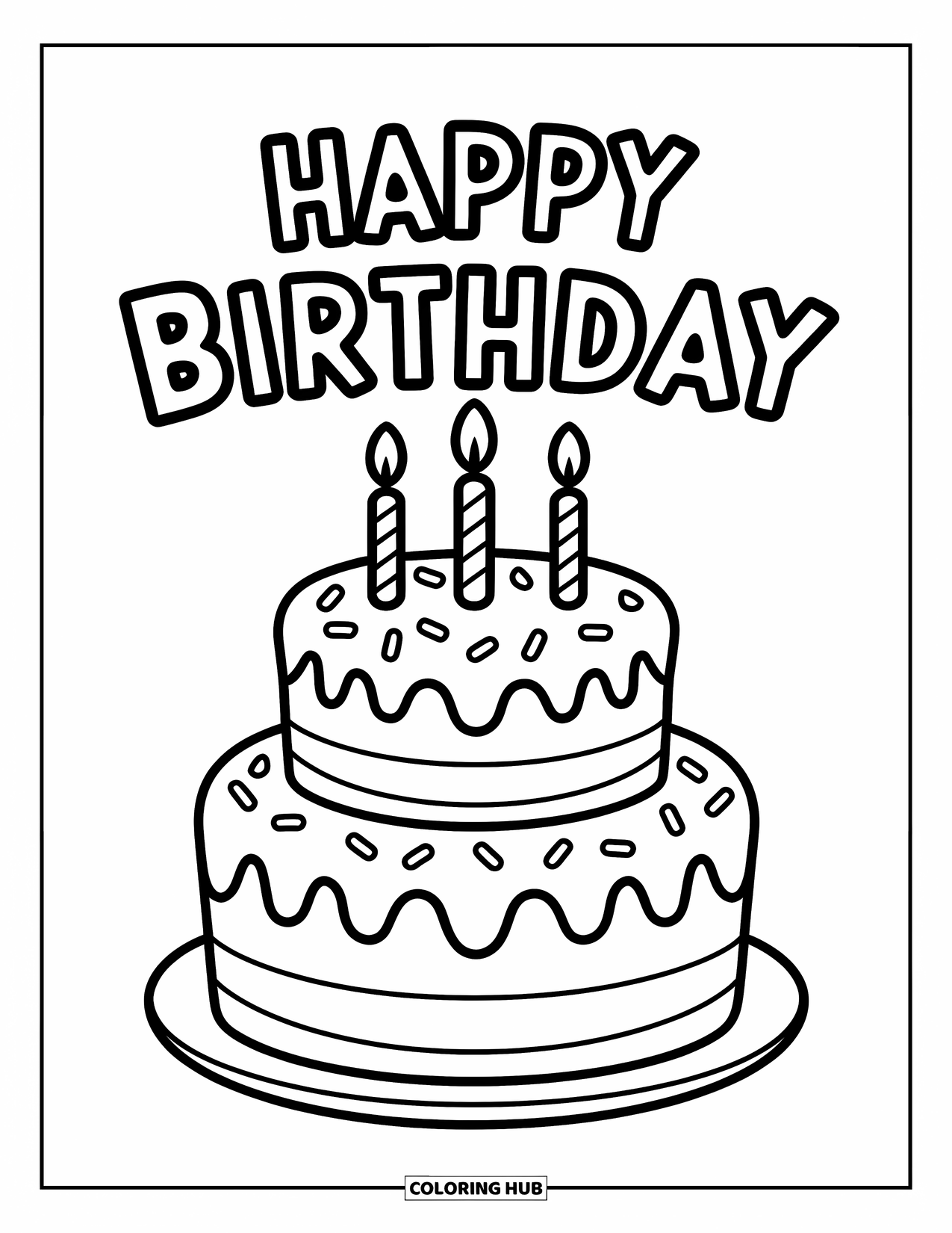 Happy Birthday Coloring Page for Kids: Two-tier cake with candles, sprinkles, and a bold "Happy Birthday" sign above