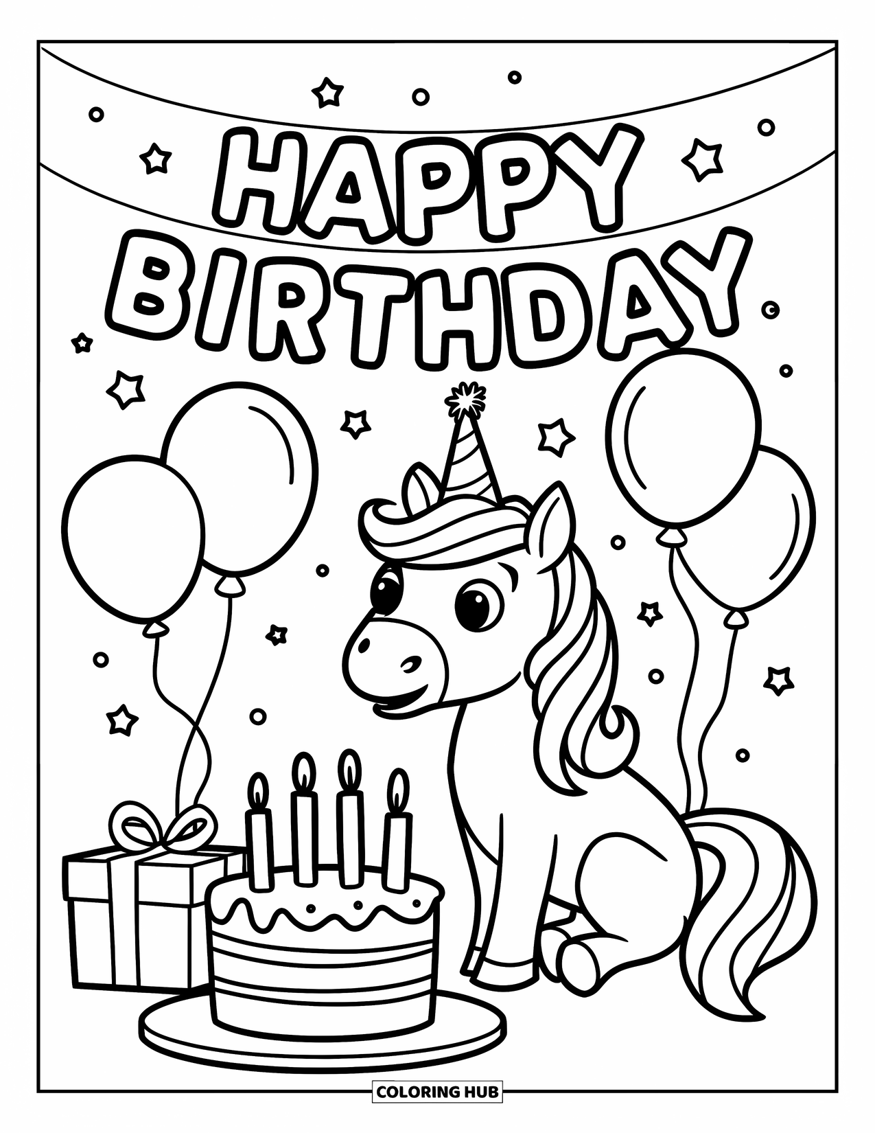 Happy Birthday Coloring Page for Kids: Unicorn in a crown sits with a cake, gifts, and a birthday banner