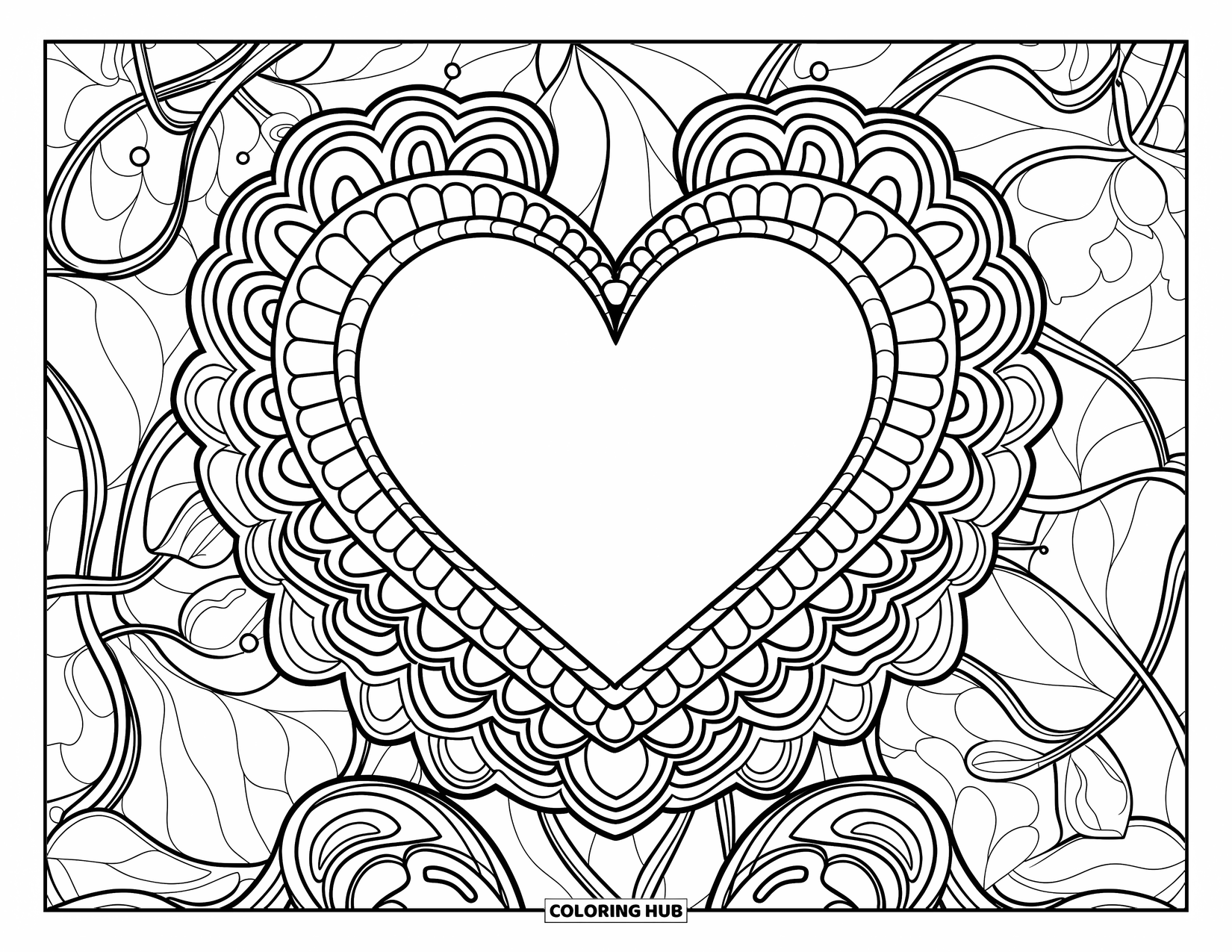 Herz Ausmalbild für Erwachsene: Ein zentriertes Spitzenherz mit Ranken und Blättern, die einen detaillierten, blättrigen Hintergrund bilden