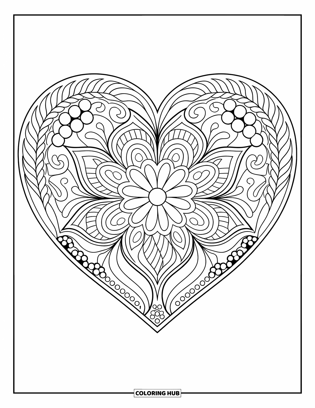 Herz Ausmalbild für Erwachsene: Ein zentriertes Mandala-Herz mit Wirbeln und floralen Details