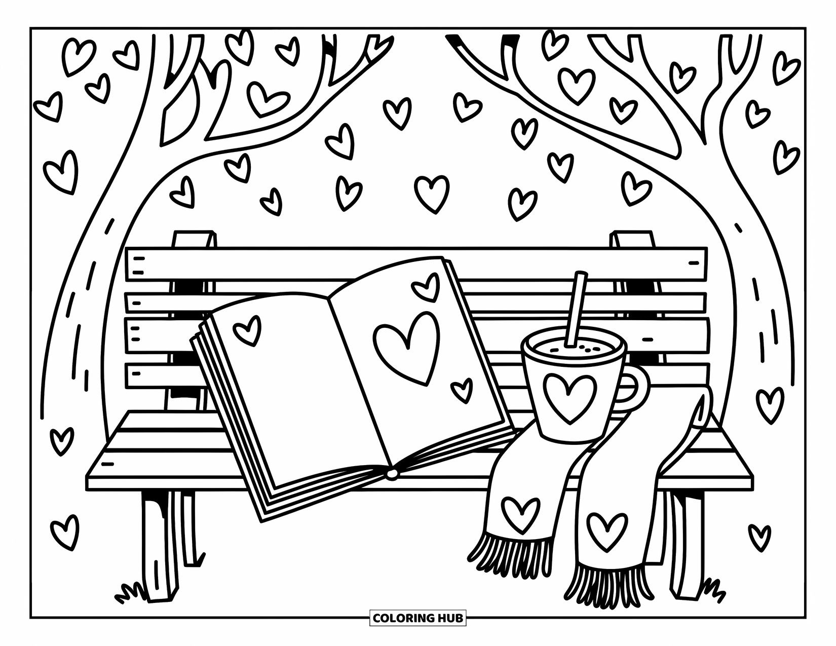 Herz Ausmalbild für Erwachsene: Eine gemütliche Bank mit fallenden Herzblättern, einem warmen Getränk und einem Herz-Kritzel-Tagebuch