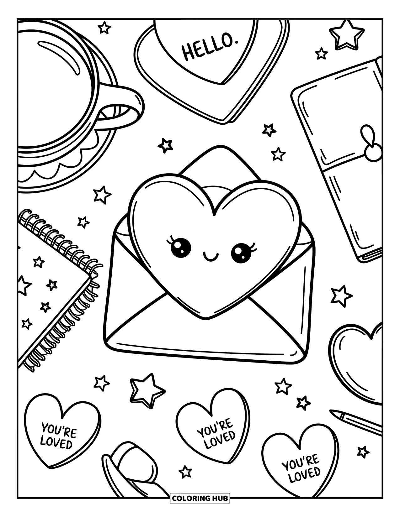 Herz Ausmalbild für Erwachsene: Ein niedlicher Schreibtisch mit einem offenen Umschlag, Tee, Sternen und süßen Papierherznotizen