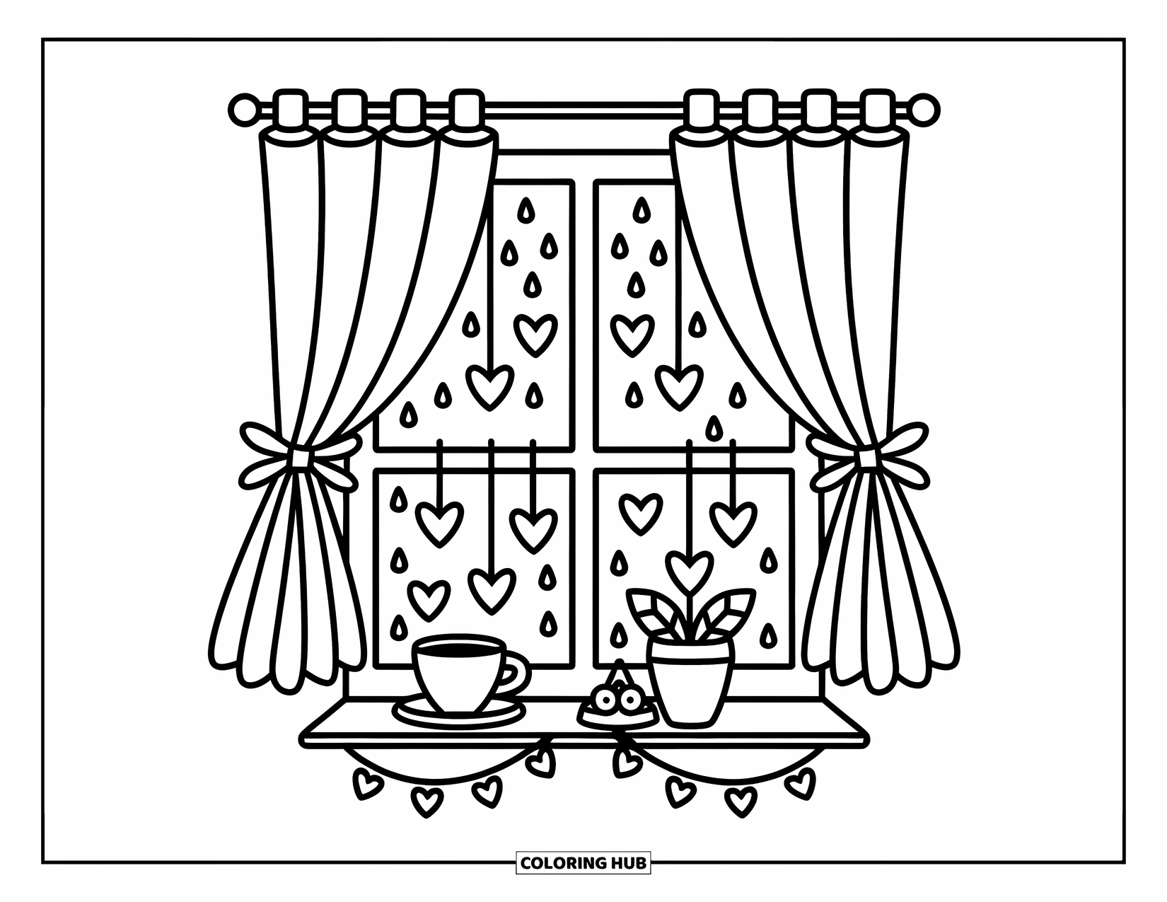 Herz Ausmalbild für Erwachsene: Eine niedliche Fensterszene mit herzförmigen Regentropfen und gemütlichen kleinen Dekorationen auf dem Sims