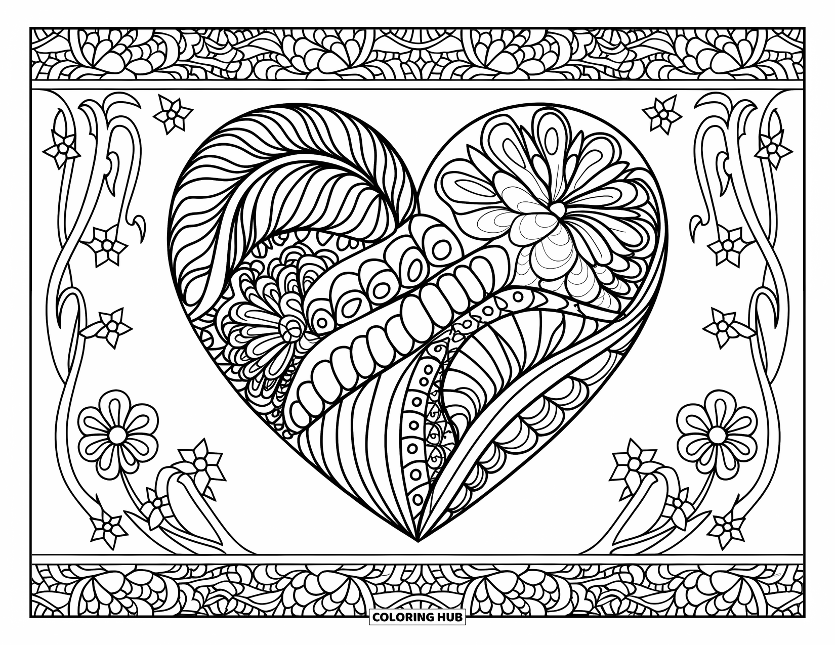 Herz Ausmalbild für Erwachsene: Ein detailliertes Herz mit floralen Mandalas und einem Rand aus verschlungenen Ranken und Blumen
