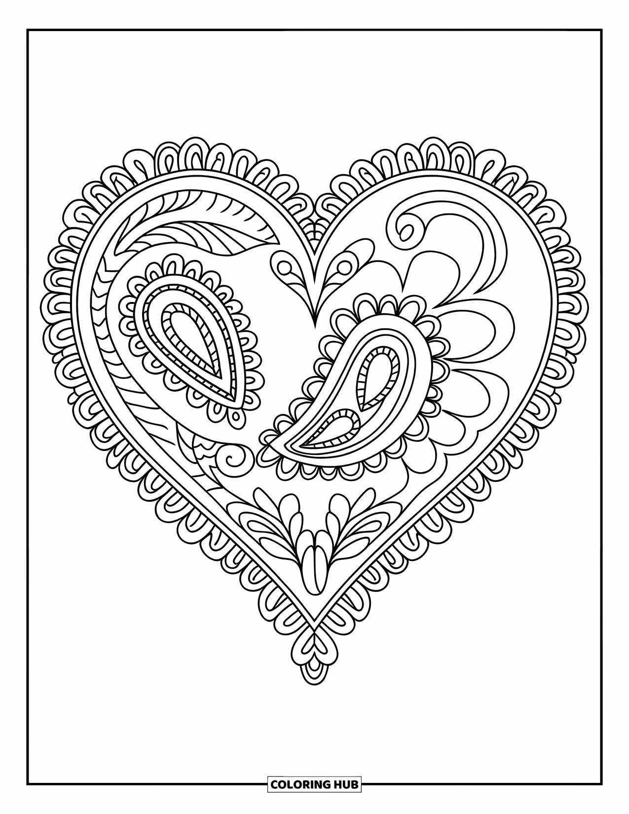 Herz Ausmalbild für Erwachsene: Ein detailliertes Paisley-Herz, das mit kunstvollen Designs auf der Seite zentriert ist