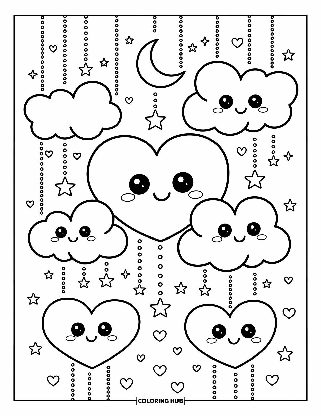 Herz Ausmalbild für Erwachsene: Ein verträumter Himmel voller flauschiger Herzwolken, Sterne und winziger fallender Herzen