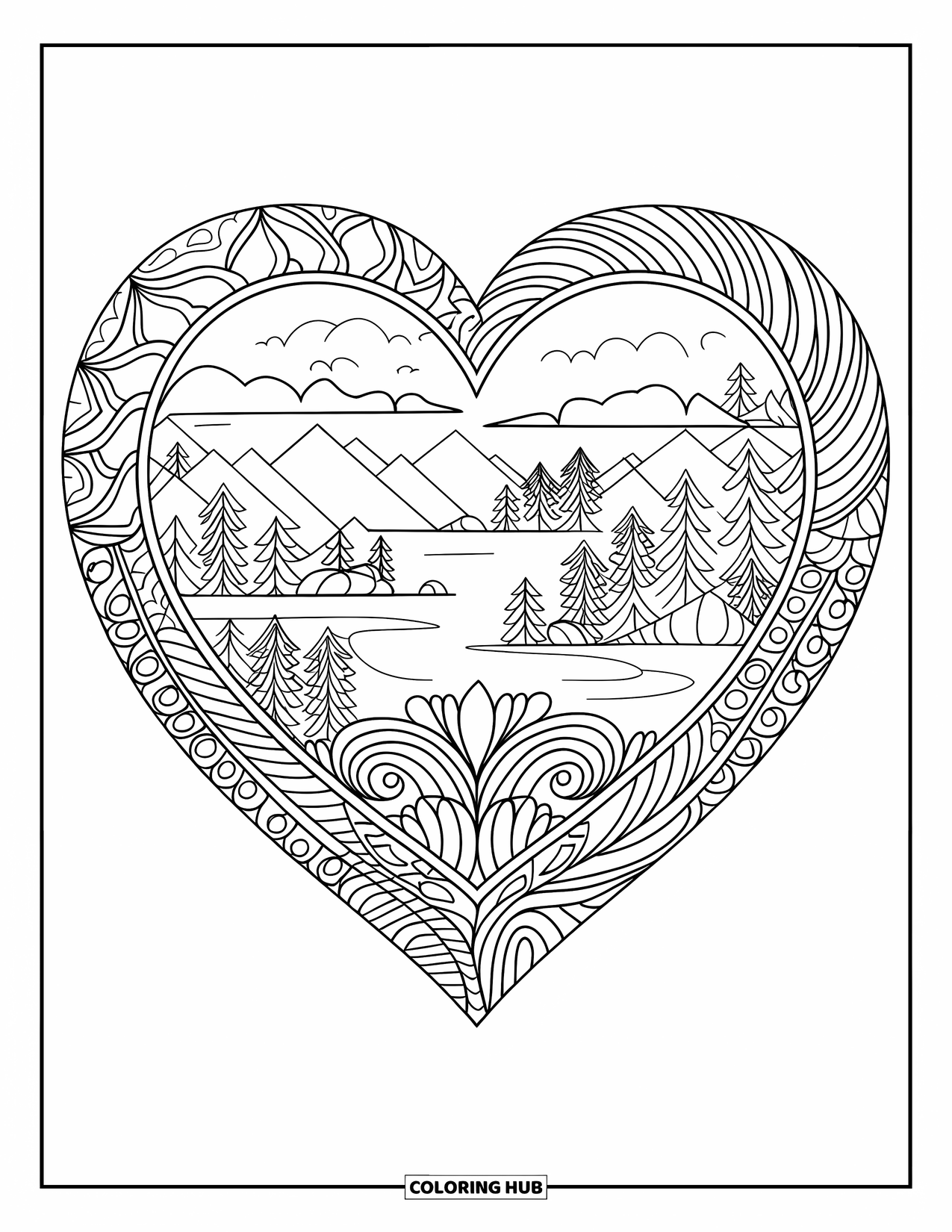 Herz Ausmalbild für Erwachsene: Ein florales Mandala-Herz mit einer Hintergrundlandschaft aus Bäumen, Bergen und Wasser
