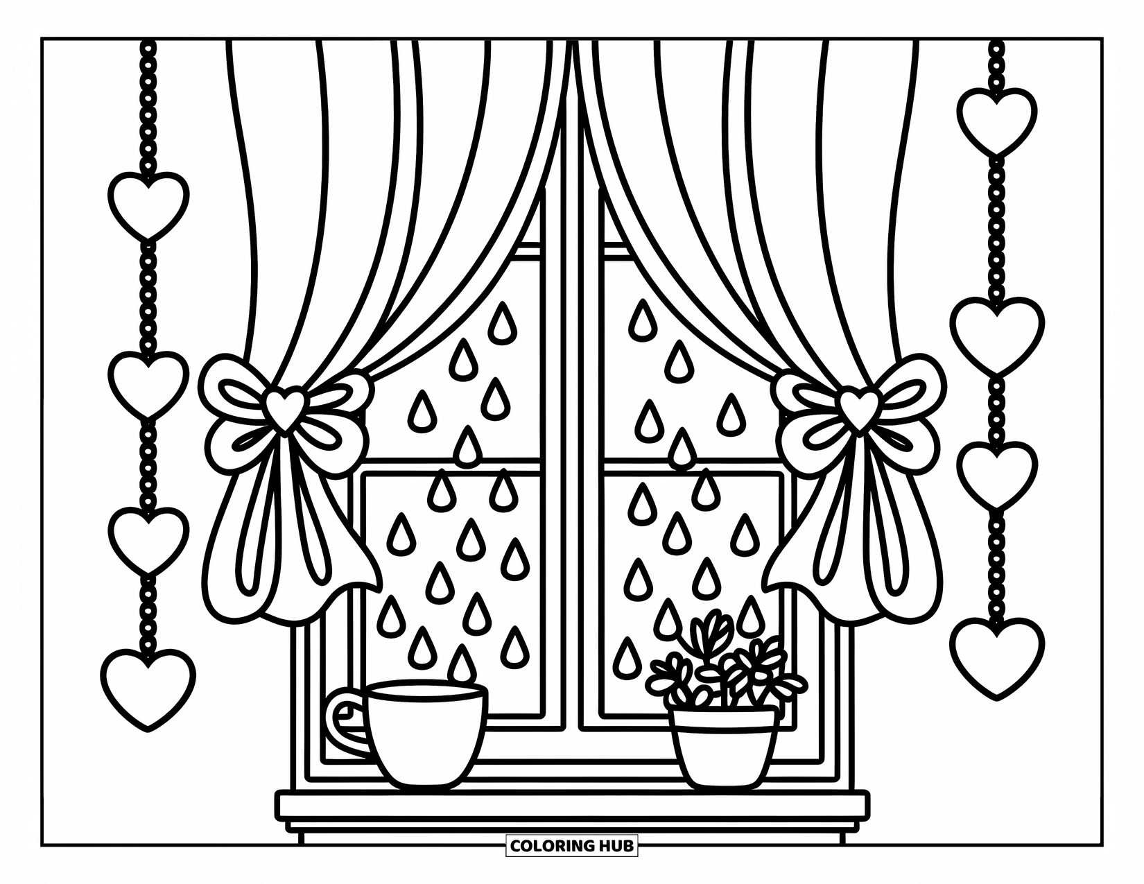 Herz Ausmalbild für Erwachsene: Ein herzverziertes Fenster mit weichen Vorhängen, fallenden Herztropfen und einer friedlichen Atmosphäre