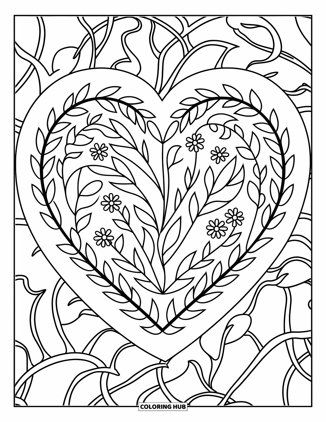 Herz Ausmalbild für Erwachsene: Ein Herz aus belaubten Zweigen, gerahmt von einem Kranz und einem einfachen Hintergrund