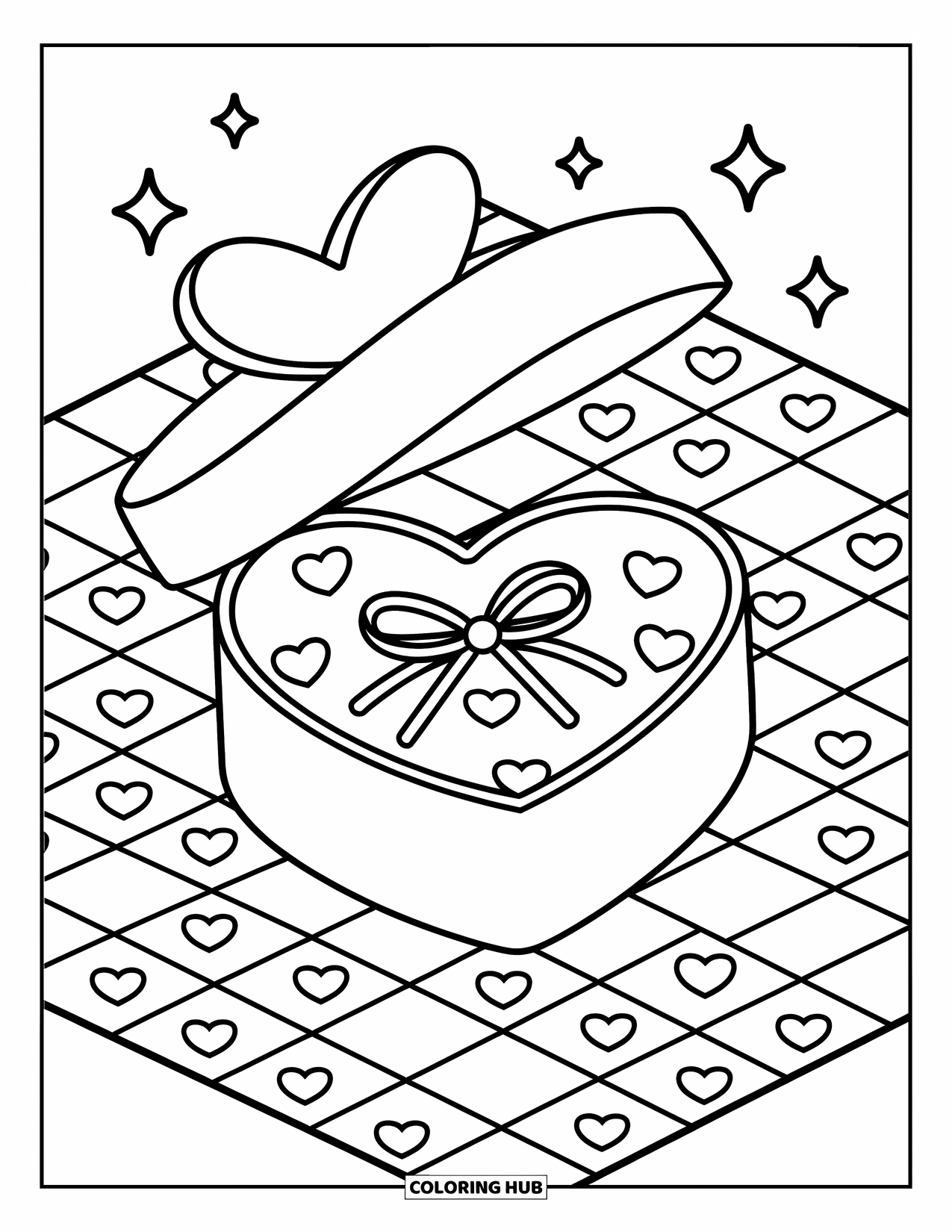 Herz Ausmalbild für Erwachsene: Eine herzförmige Geschenkbox mit Süßigkeiten und Konfetti ruht auf einer verspielten Tischdecke