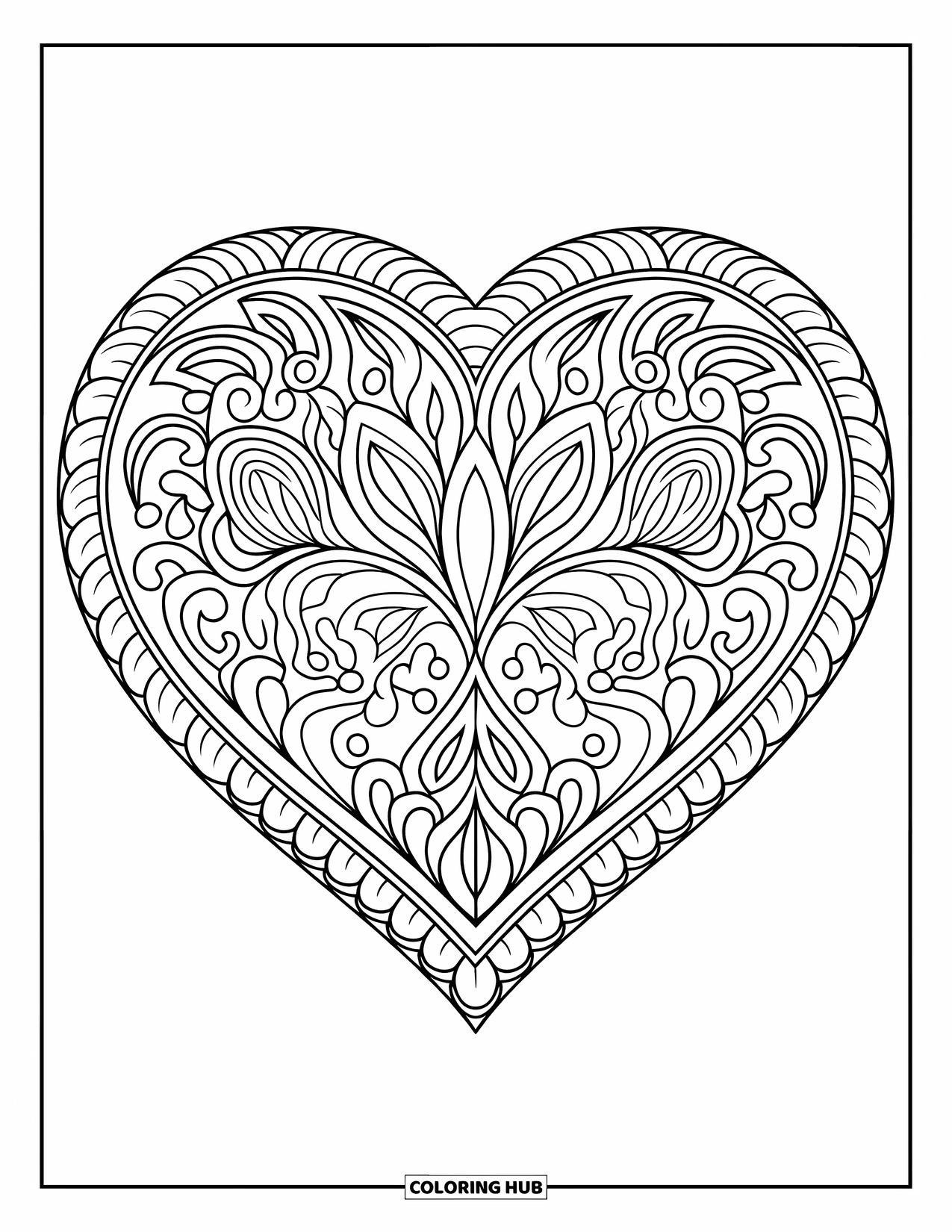 Herz Ausmalbild für Erwachsene: Ein herzförmiges Mandala, gefüllt mit Wirbeln und floralen Mustern in einem dekorativen Layout