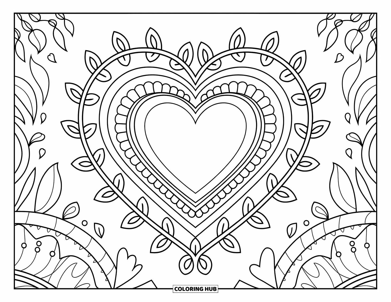 Herz Ausmalbild für Erwachsene: Ein Herz mit Spitzendesigns und einem floralen Kranz auf einem gemusterten Hintergrund