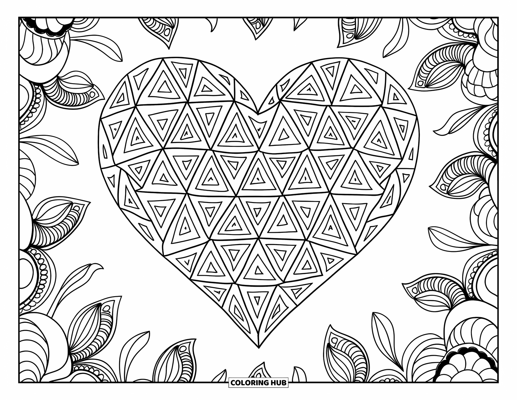 Herz Ausmalbild für Erwachsene: Ein Herz mit Dreiecksmustern, umgeben von floralen Mandalas und weichen kreisförmigen Designs