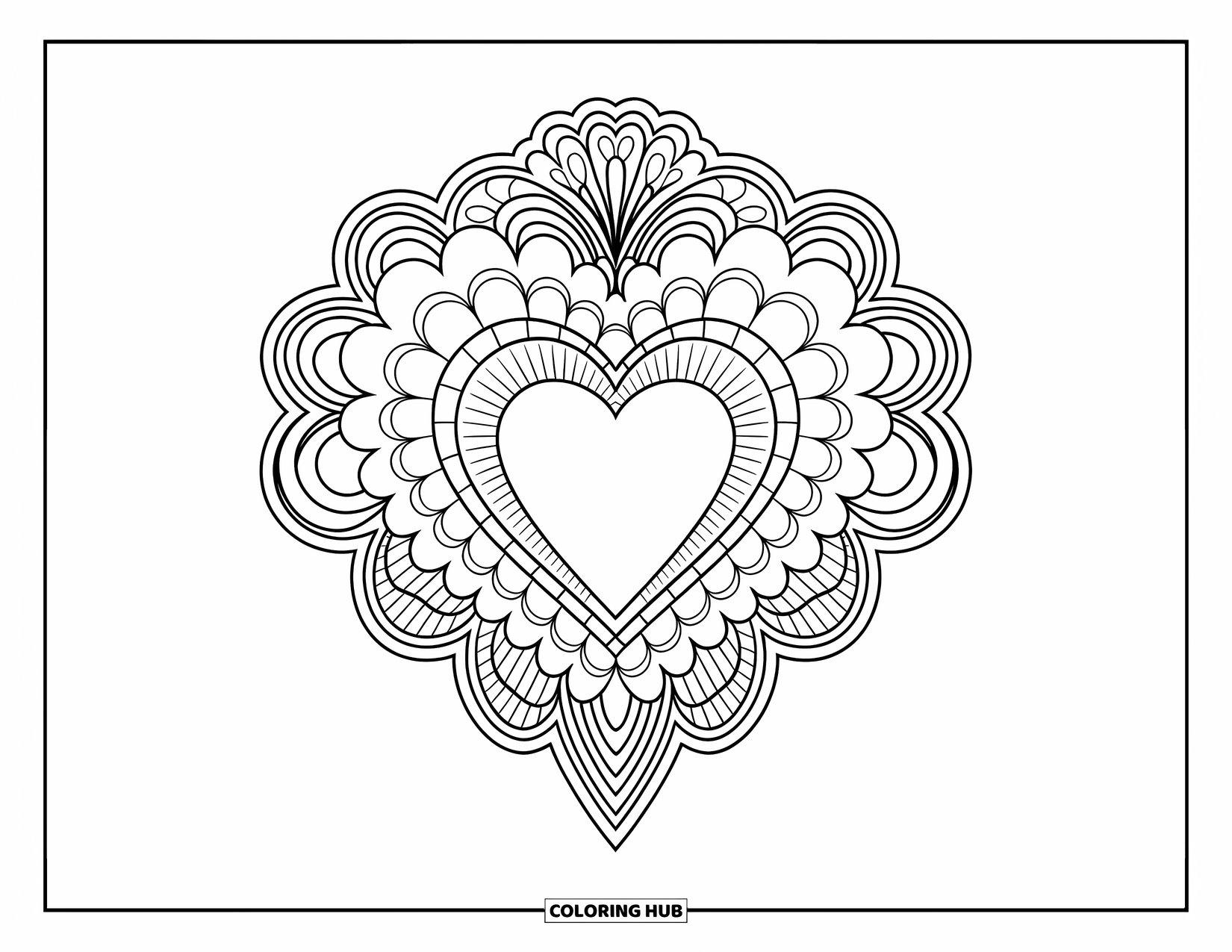Herz Ausmalbild für Erwachsene: Ein Herz, das in Spitzenmuster gehüllt und von kunstvollen, eleganten Wirbeln umgeben ist